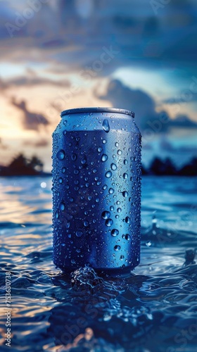 deep blue plain soft-drink can 375ml in the tropical ocean
