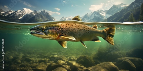 best trout fishing game hrt, big trout swimming complete under water line and the beautiful mountains. Generative AI