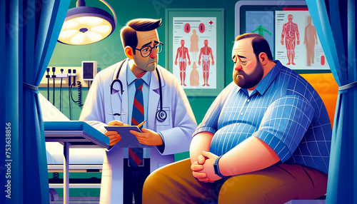 giovane medico triste che illustra i risultati delle analisi a paziente obeso 