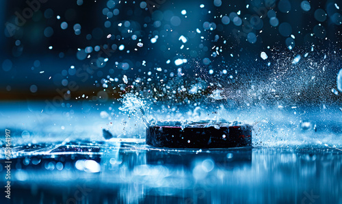 Dynamic close-up of a hockey puck in motion, surrounded by flying ice particles, capturing the intense action and chill of an ice hockey rink