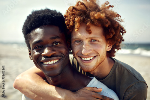 Pareja de novios interracial en una playa. Pareja de hombres gay sobre fondo de playa. Día del orgullo gay. Colectivo LGTBI.