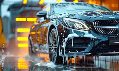 Premium black sedan car undergoing a deep clean with high-foam soap at a car wash station, showcasing a meticulous auto detailing process