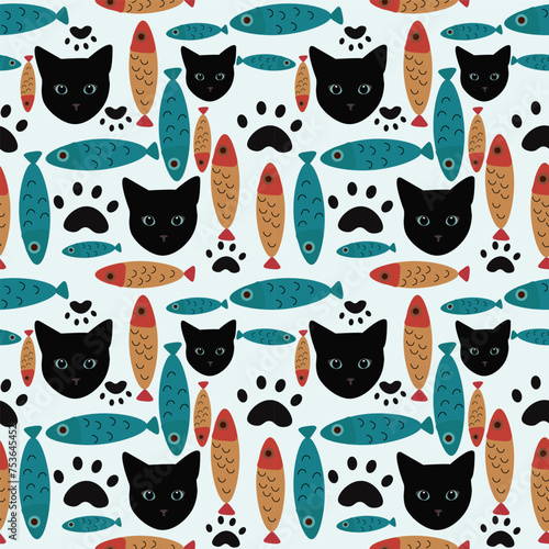 Cat and Fish vector ilustration seamless patern.Great for textile,fabric,wrapping paper,and any print.