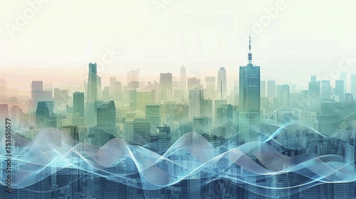 A digital image shows an urban skyline with sound waves illustrating noise pollution in the cityscape.