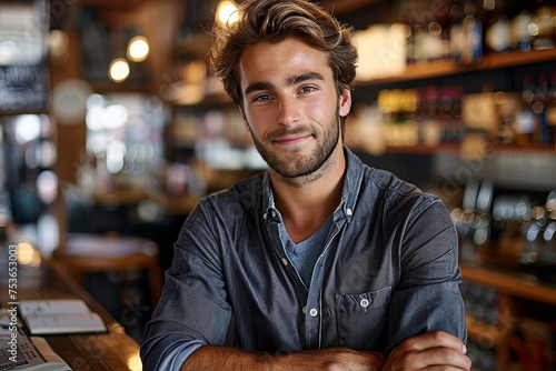 A charming image of a handsome man with a friendly smile sitting in the laid-back atmosphere of a pub