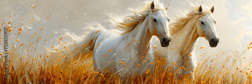 Illustration of Three White Horses with Flowing Manes, Majestic horse galloping through a field wallpaper for the phone 