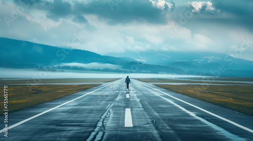 Person Walking Alone on Empty Road Towards Cloudy Mountains