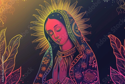 A colorful illustration of Virgin Mary with halo and stars, creating a spiritual vibe