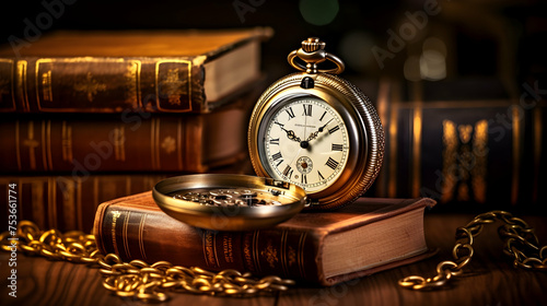 Antique pocket watch and weathered books on a leather surface,