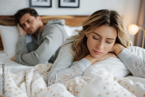 The image shows a couple in bed with expressions of discontent or unhappiness