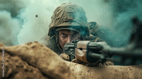 A soldier hides behind sandbags, his eyes see through the smoky war zone, he holds his gun firmly, he is set for action.