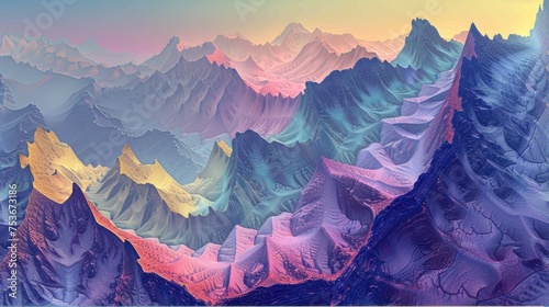 an abstract mountainous landscape, a visionary fusion conceived by various artists, depicting surreal undulating peaks and valleys. SEAMLESS PATTERN