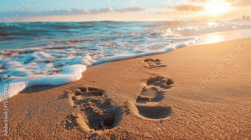A pair of footprints in the sand near the water at sunset, beach, summer, travel, journey or adventure