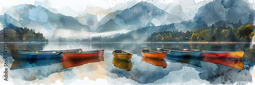Digital watercolor panorama of rowing boats on mountain lake, watercolor, white background 