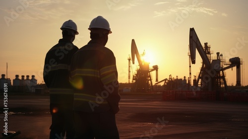 Silhouette of two engineers handshaking and making corporate contract of oil pump