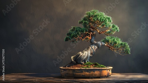  a large deadwood pine thick bonsai tree on a wooden table