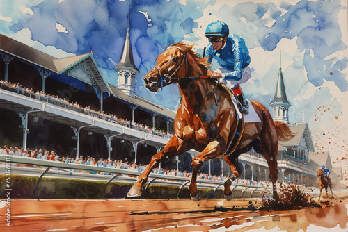 Jockey in turquoise silks atop a chestnut thoroughbred thundering down the track under the sunlit twin spires of Churchill Downs watercolor