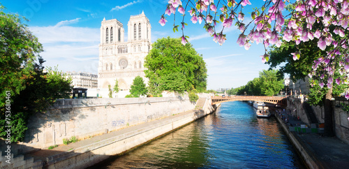 Notre Dame cathedral church on Cite island over the Seine river, Paris cityscape at spring, France, web banner format