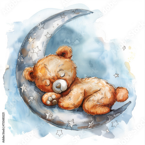 Watercolor teddy bear sleeping on silver moon, isolated, watercolor, white background 