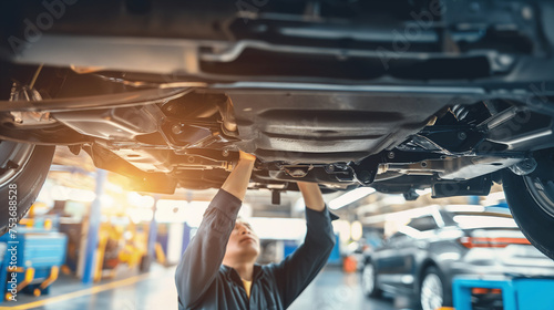 Auto Mechanic Inspecting Car Undercarriage. An auto mechanic carefully examines the undercarriage of a vehicle during a routine service check in a well-equipped garage.