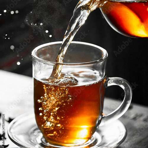 透明なガラスのティーカップに勢いよく紅茶を注ぐ瞬間