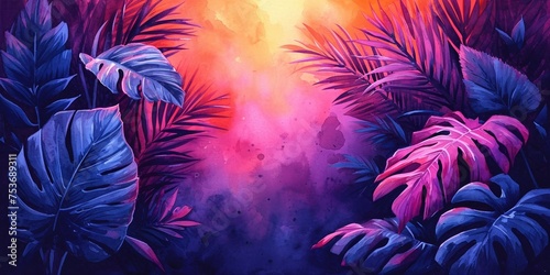 A tropical night scene, featuring a lush jungle, palm trees, and a tranquil sunset.