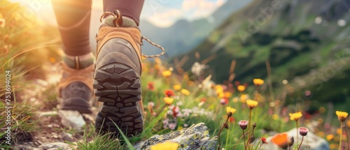 Hiking hiker walking traveler mountains landscape adventure nature outdoors sport background panorama - Closeup of feets from a woman with hiking shoes