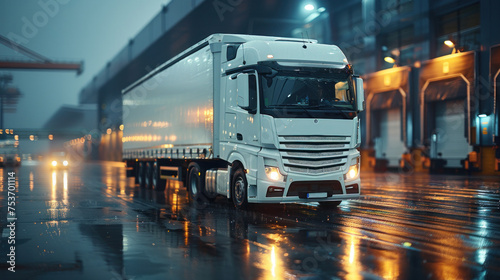 A white truck parked in front of an industrial logistics building.