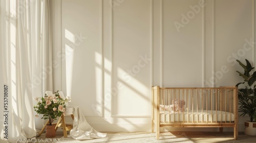 Empty nursery room with wooden baby cot bed