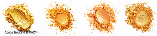 Collection of golden yellow makeup powders in explosive arrangements
