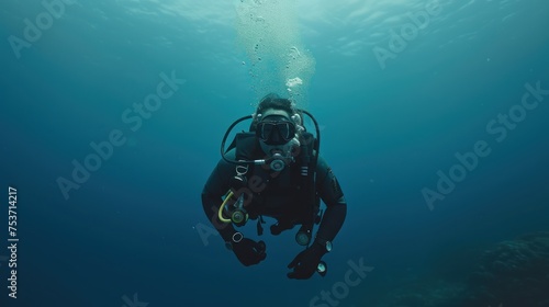 Serene diver in deep waters surrounded by a trail of bubbles