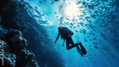 Silhouette of a diver exploring underwater canyon with light rays
