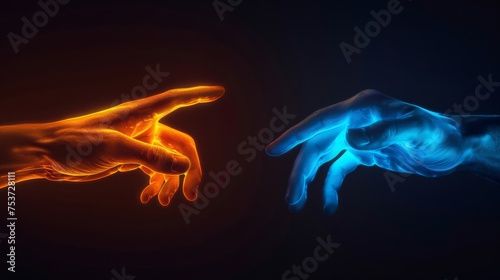 Two hands, one glowing in orange and the other in blue, symbolize assistance and support