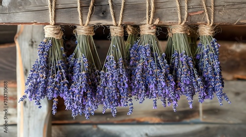 bundles of dried lavender hanging from a rustic wooden beam