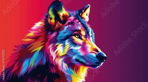 a close up of a colorful wolf on a red and purple background with a blue sky in the back ground.