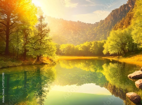Picturesque landscape with green trees and a lake on a sunny afternoon