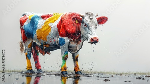 a colorful cow standing on top of a puddle of water next to a grass covered field with a white sky in the background.