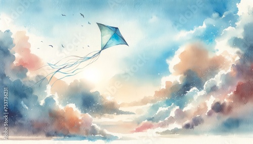 Watercolor painting of a kite flying in a cloudy sky