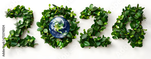  The numbers "2024" are made of green leaves and plants, with the Earth in the center isolated on a white background. earth day banner, generative ai