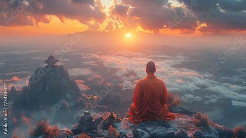 A Zen monk sits in serene meditation perspective shooting, mountain top shooting framing,generative ai