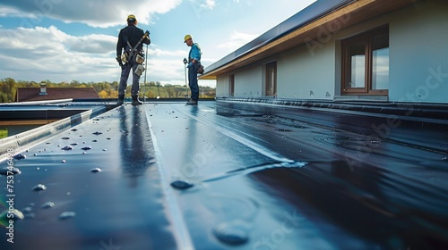 A team of construction workers in safety harnesses applying a black sealant coating to the flat roof of a suburban home. Generative AI.