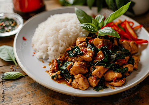 Pad Kra Pao, Basil Chicken with rice, close-up ultra realistic food photography