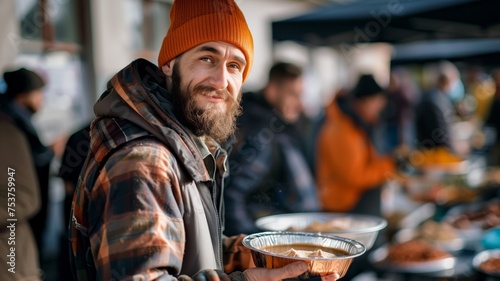 Portrait of a homeless man taking free food at a charity food distribution shelter