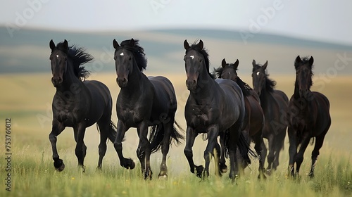 A herd of black horses running through a green field under a cloudy sky.