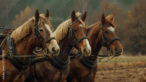 Three brown horses with harnesses stand side by side in a serene autumn setting 