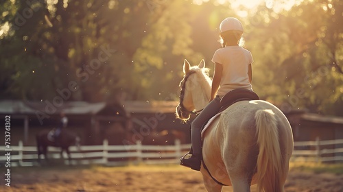 A young equestrian rides a pale horse at sunset, casting a warm glow over the serene scene. 