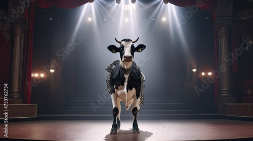 A cow standing on stage and performing opera arias
