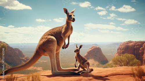 A kangaroo teaching its cub to jump and explore the world around it