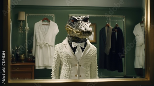 A crocodile standing in front of a mirror and trying on various fashionable outfits