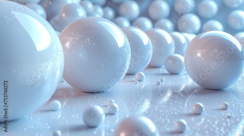a group of white balls sitting next to each other on top of a white floor covered in drops of water.